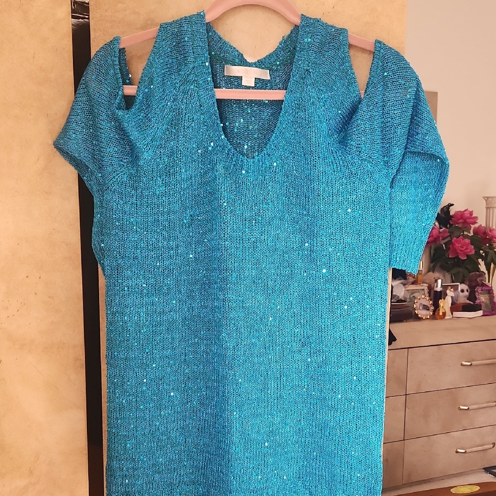 Cold Shoulder Light Weight Sweater By Boston Proper In Teal with Sequins
